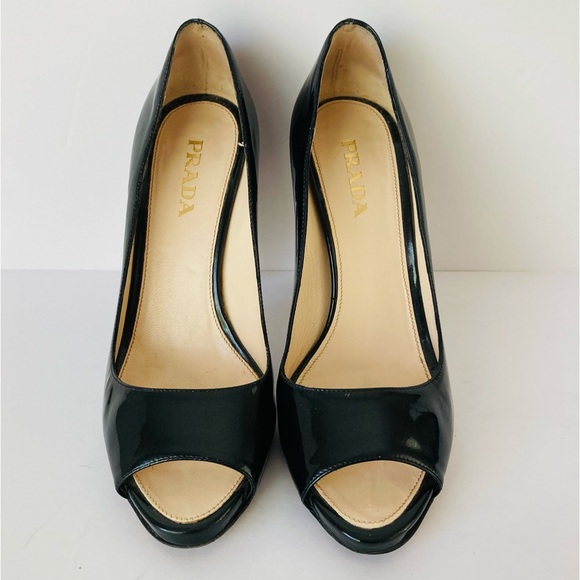 Prada Peep Toe Open Toe Black Patent Leather Pumps Heels - Picture 2 of 15